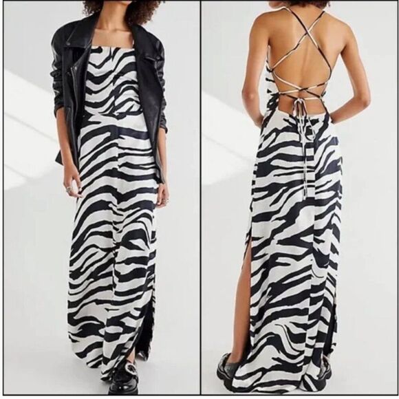 Free People Abby Dress Silky Open Back Maxi Sz 6 NEW White Black Event - Picture 3 of 11